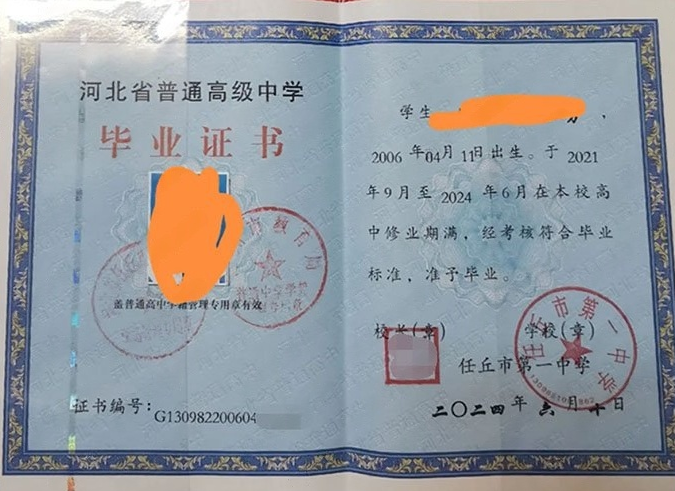 潞城任丘市第一中学高中毕业证样本图片